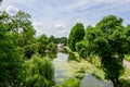 Vivid landscape in Nicolae Romaescu park from Craiova in Dolj county, Romania, with lake, waterlillies and large green tres in a