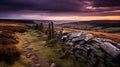 Vivid Landscape: Sunset Along Dry Stone Wall On English Moors