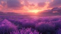 Vivid lavender fields at dusk in high definition, sun setting with warm hues, picturesque landscape