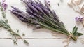 Vivid lavender flowers bouquet on wooden background. Generative AI