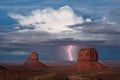 Vivid lightning bolt strikes from a storm in Monument Valley, Arizona