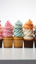 Vivid lineup cupcakes stand out individually against a clean white isolation