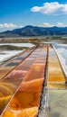 Vivid lithium mining brine pools in a vast landscape with machinery and processing areas