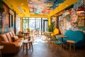 A vivid and lively modern cafÃ© with an eclectic mix of furniture and captivating artworks