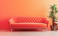 Vivid living room lush lava interior wall mock up with bright orange sofa, empty wall with free space above on top