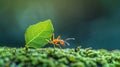 Vivid macro ant carrying leaf, focus on strength with detailed textures in realistic close up