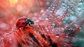 Vivid macro capture ladybug on dewy dandelion at sunrise with vibrant bokeh background Royalty Free Stock Photo