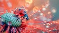 Vivid macro shot ladybug on dewy dandelion at sunrise with vibrant colors and translucent dew drops