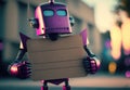 Vivid magenta robot holding a sign, ai generated