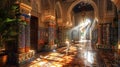 Vivid moroccan riad interior with zellige tilework and sunlit mosaic, architectural photography