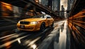 Vivid motion blur of yellow cabs in bustling nyc downtown street scene with colorful tones Royalty Free Stock Photo