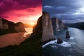 Vivid navagio beach sunset in pixel art with guatemalan influence, captivating wildlife