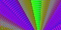 Vivid neon green violet illustration in geometric shapes and stripes polka dots retro visualization design. Futuristic rays