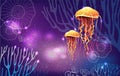 Vivid neon light illustration of jellyfish