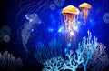 Vivid neon light illustration of jellyfish