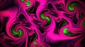 Vivid neon pink and green swirls dance across a dark backdrop, creating a mesmerizing abstract landscape that evokes a