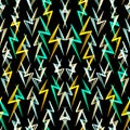 Vivid neon seamless pattern with hand drawn green, yellow and white lightnings on a black background