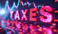 Vivid neon TAXES sign on a dynamic business stock market financial display symbolizing tax season, financial analysis, and