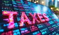 Vivid neon TAXES sign on a dynamic business stock market financial display symbolizing tax season, financial analysis, and