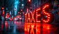 Vivid neon TAXES sign on a dynamic business stock market financial display symbolizing tax season, financial analysis, and