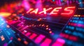 Vivid neon TAXES sign on a dynamic business stock market financial display symbolizing tax season, financial analysis, and