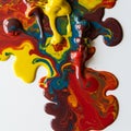 Vivid paint flows merge on a white surface, creating a dynamic pattern of red, yellow,