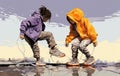 Painting picture of a pair of kids playing together with new shoes