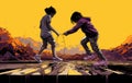 Painting picture of a pair of kids playing together with new shoes