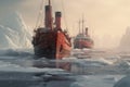 A vivid painting depicting two ships trapped in icy conditions, depicting the challenges faced during Arctic exploration., Old