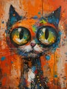 A vivid painting featuring a small to mediumsized cat with green eyes Royalty Free Stock Photo