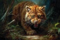 A vivid painting of an intimidating sabertoothed cat hunting its prey.. AI generation