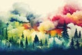 Vivid painting showcasing a colorful forest with majestic trees under a sky filled with fluffy clouds