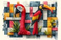 Vivid Parrots and Toucans Adorned with Geometric Elements on Abstract Canvas