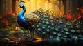 Vivid peacock in a natural forest setting. Concept of avian elegance, nature's palette, ornithology, and wildlife