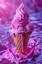 Vivid Pink Melting Ice Cream Cone Splash on Purple Background Vibrant Food Photography Concept