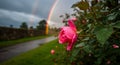 Close-up of vibrant pink rose with raindrops after storm, double rainbow in background, ideal for nature themes and romantic Royalty Free Stock Photo