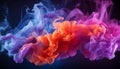 Vivid plumes of orange, blue, purple, and red smoke intertwine, creating a captivating dance of colors against a dark backdrop