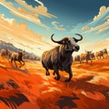 Vivid Pop Art Illustration: Herd Of Cattle Walking In Barren Desert