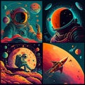 Vivid Poster with astronaut, galaxy, planet, moon. Illustration AI Generative