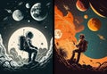 Vivid Poster with astronaut, galaxy, planet, moon. Illustration AI Generative