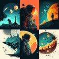 Vivid Poster with astronaut, galaxy, planet, moon. Illustration AI Generative