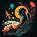 Vivid Poster with astronaut, galaxy, planet, moon. Illustration AI Generative