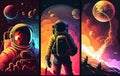 Vivid Poster with astronaut, galaxy, planet, moon. Illustration AI Generative