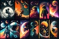 Vivid Poster with astronaut, galaxy, planet, moon. Illustration AI Generative