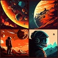 Vivid Poster with astronaut, galaxy, planet, moon. Illustration AI Generative