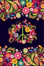 Vivid print on the dark background with floral decorative seamless border and hippie peace flowers symbol for T shirt, bag, fashio