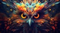 Vivid psychedelic bird face with saturated multicolored feathers and large expressive eyes