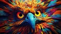 Vivid psychedelic bird face with saturated multicolored feathers and large expressive eyes