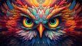 Vivid psychedelic bird face with saturated multicolored feathers and large expressive eyes