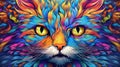 Vivid psychedelic cat face with saturated multicolored fur captivating mystique of feline beauty